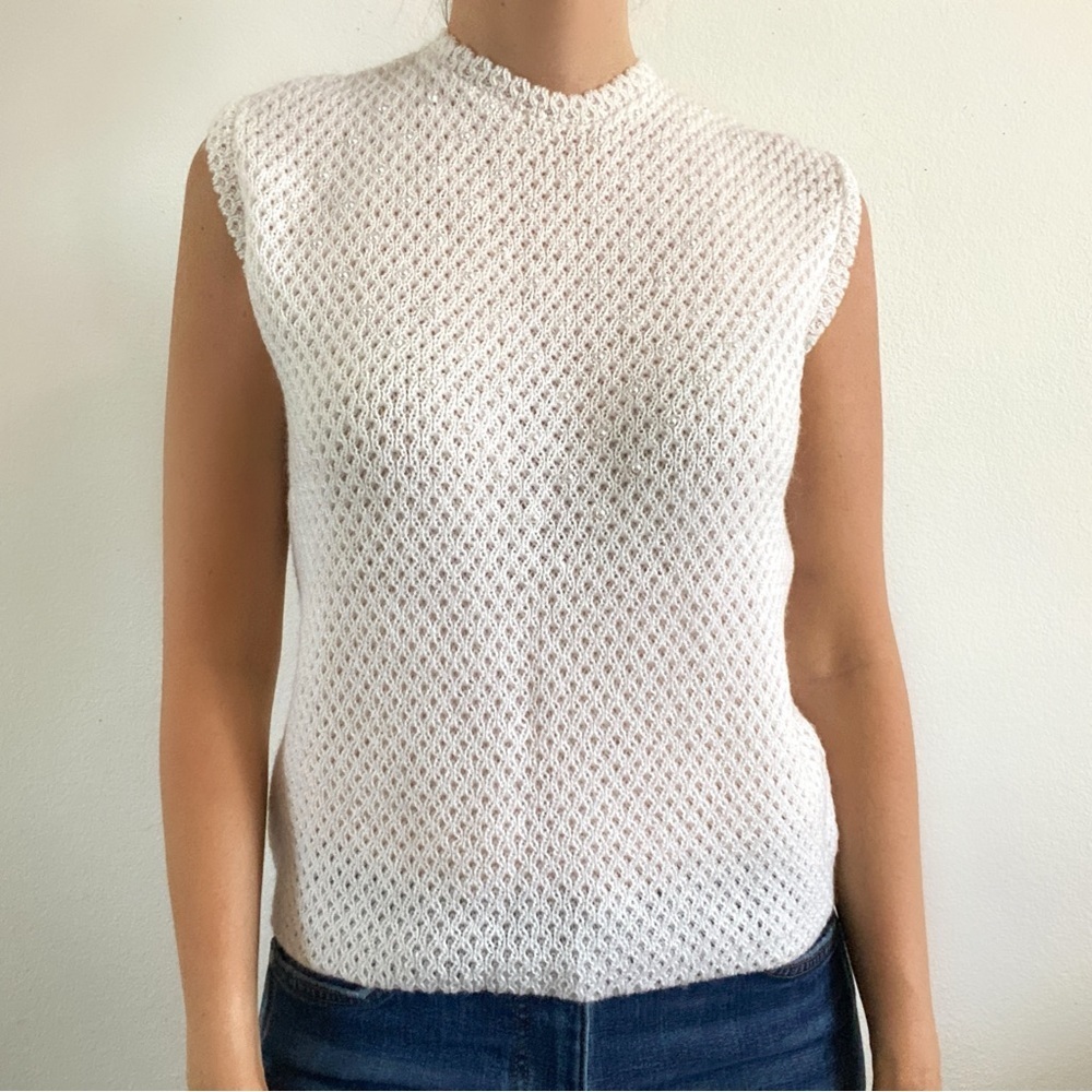 Vintage 50s crochet Pearl blouse top high neck sleeveless cream Sally gee large